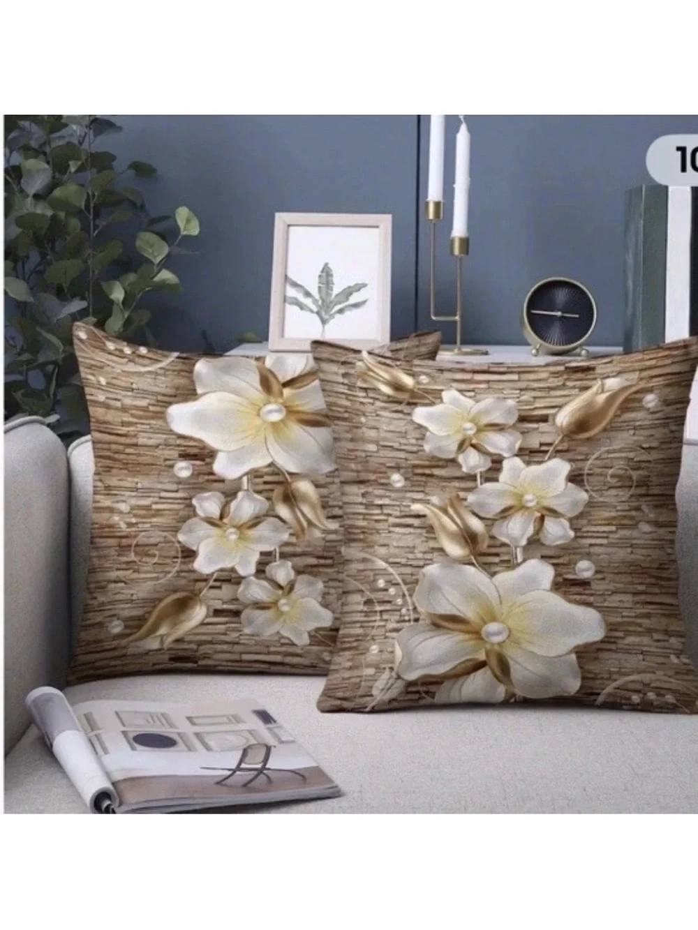 Neutral Beige Floral Accent Pillow Covers with Gold Petals - Set of 2